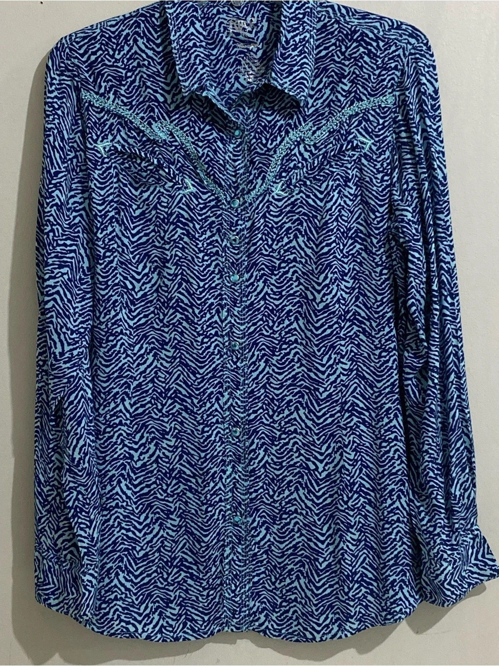 Wrangler Rock 47 Zebra Print Button Down Shirt Rayon Button Down Teal